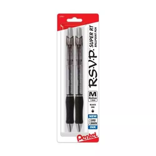 Pentel RSVP Super RT Ballpoint Pen 1.0mm Medium Line Black 2/Pk Office School