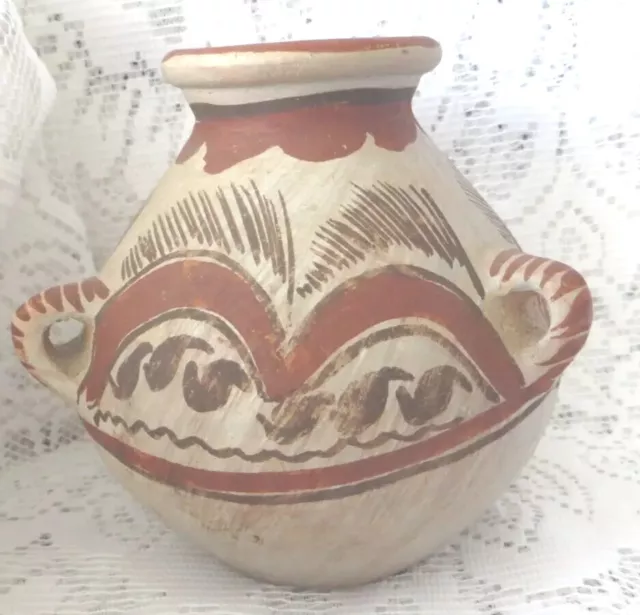 Vintage Old  Mexican Folk Art Twin Handled Clay Pot Water Vessel Mexico