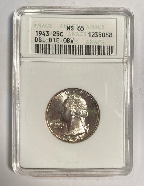 1943 P Quarter Dollars Silver Coinage ANACS MS-65 DBL DIE OBV