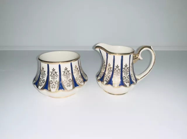 Sadler - Bell shape, cobalt blue & gold sugar bowl and creamer / milk jug