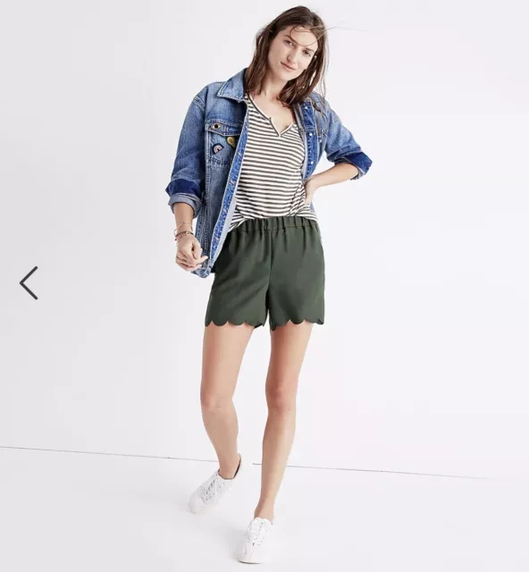 Madewell Shorts, Scallop-Hem, Size X-Small, Drapey, Pull-On, Olive Green