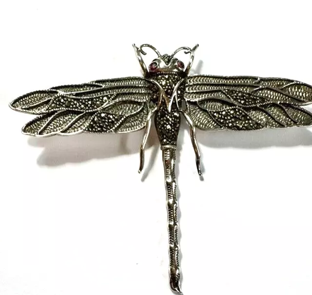 Vintage Solid Silver 925 Marcasite & Amethyst Dragonfly Brooch Jewellery Gift