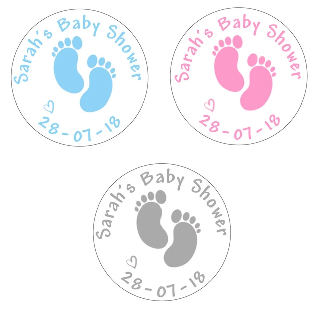 24 Personalised Baby Shower Footprint Stickers Pink Blue Silver Grey Thank You