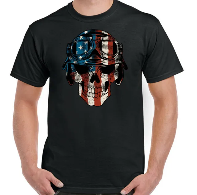 Biker T-Shirt Skull American Mens Motorcycle Motorbike Cafe Racer Bike