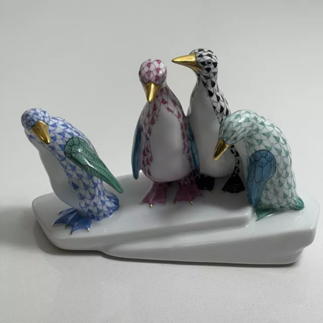 Herend Penguins on Ice Multicolor Fishnet Waterfowl Figurine 05175