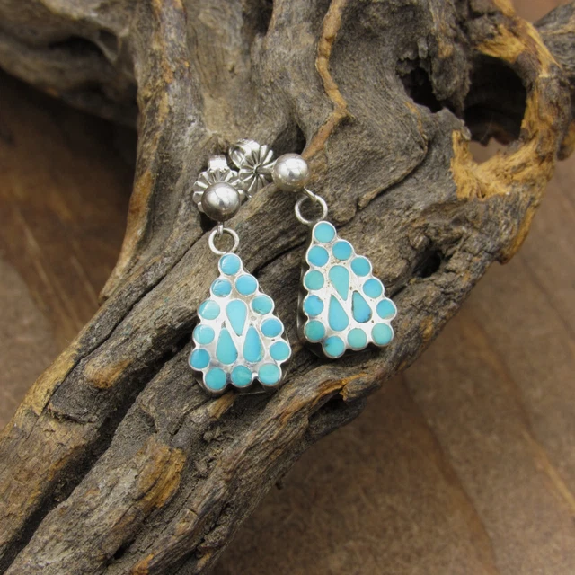 Vintage Sterling Silver Turquoise Inlay Post Dangle Earrings