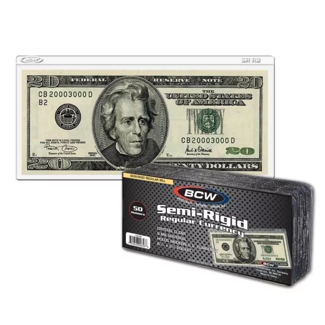 BCW Semi-Rigid Vinyl Money Protector Sleeves - US Dollar Bill Standard Size