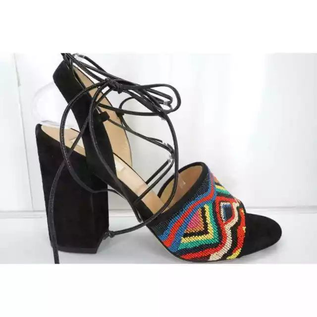 Valentino Garavani Black Suede Tribal Beaded Lace-Up Heel Sandal SZ 38 NIB $1375 2