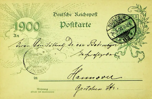 GERMANY 1900 5pf PS CARD FROM BERLIN TO HANOVER
