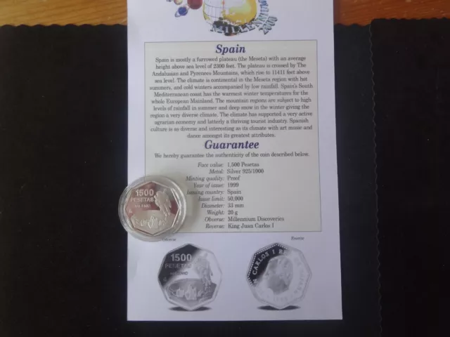 1999 Silver Proof Spain 1,500 Pesetas Coin + Coa Discoveries The Millennium.