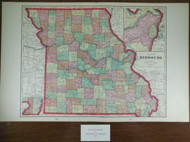 Vintage 1903 MISSOURI Map 22"x14" ~ Old Antique Original KANSAS CITY COLUMBIA MO