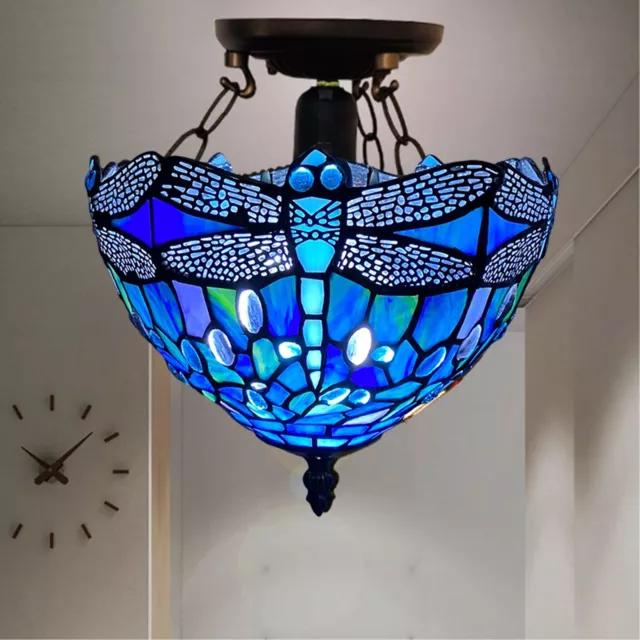 10 inch Tiffany Blue Dragonfly Ceiling Lamp Stained Glass Shade Antique Style