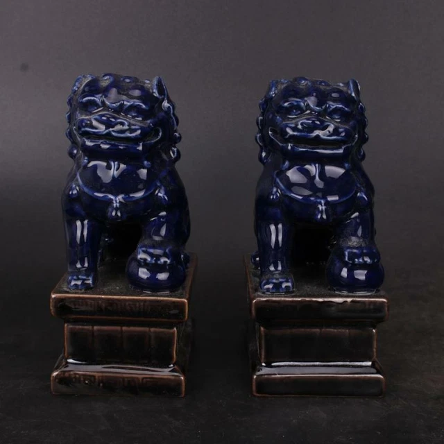 Chinese Qing Blue Glaze Porcelain Figurine Foo Fu Dog Guardion Lion Statue 5.90"