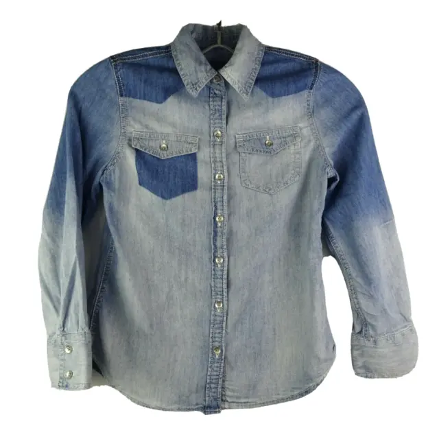 Mudd Girls Top Blue Denim Fade Long-Sleeve Blouse Sz 7-8 Button-Up Cotton Shirt