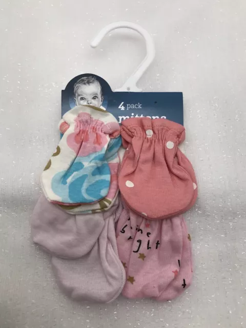 Gerber 4 Pack Baby Girl Scratch Mittens Gloves 0-3 Months Pink Flowers Dots Star