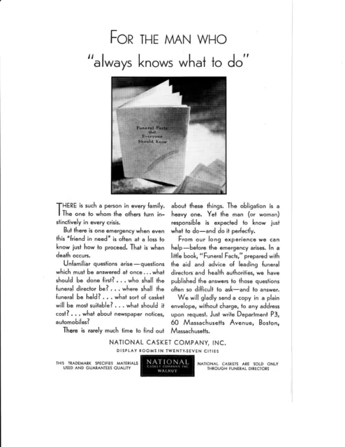 National Casket Co Print  Ad 1930 Funeral Facts