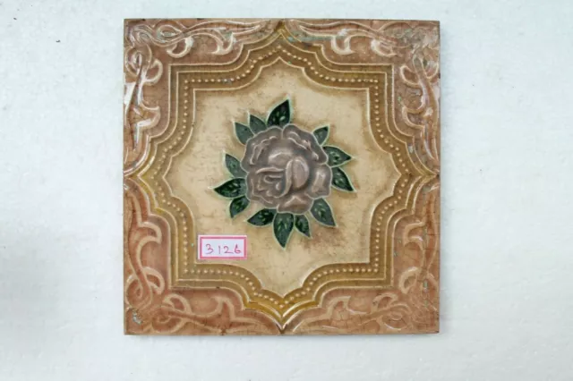 Old Floral Design Engraved Nouveau Art Majolica Ceramic Tiles Japan Made NH3126