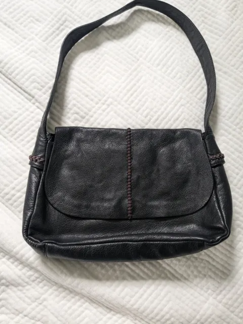 sigrid olsen black genuine leather bag flap front, decorative stitch, quality!