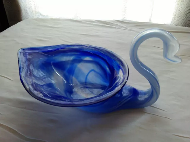 Vintage Mid Century Modern Hand Blown Art Glass Swan Bowl Blue & White Swirl
