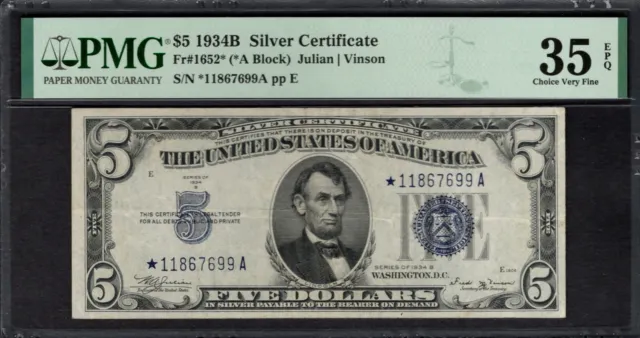 1934B $5 STAR Silver Certificate PMG 35 EPQ Fr.1652* Series Key Note