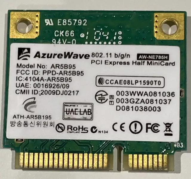 ATHEROS AR9285 AR5B95 802.11Bgn Pci Express Half Mini Wlan Card Aw.