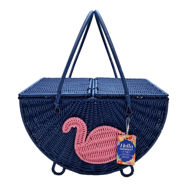 CIROA HELLO SUMMER Picnic Basket Flamingo Large Resin Wicker Blue Pink