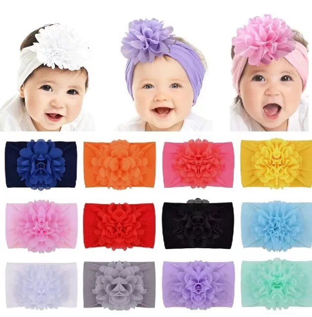 12pcs Baby Girls Nylon Headbands Chiffon Flower Hair Bows Elastic Hair Bands