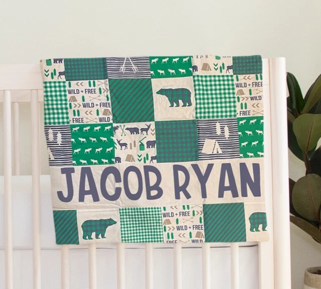 Nueva Manta Para Bebé Personalizada Woodland, Maderas Rústicas, Azul, Verde, Oso