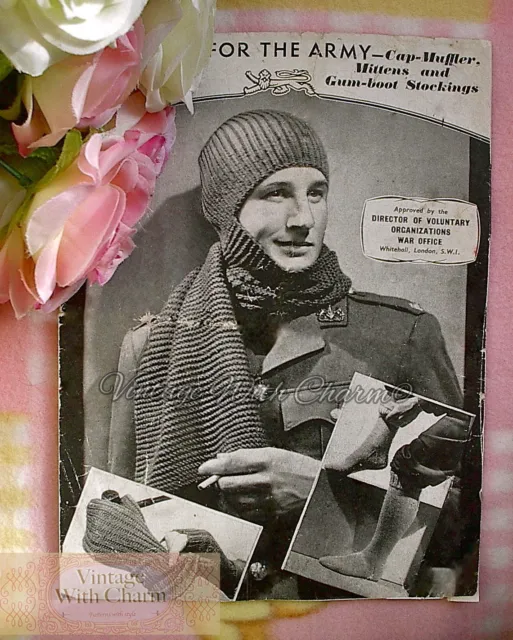 Vintage 1940s Mens Knitting Pattern "For The Army" Cap-Muffler, Mitts, Socks WW2