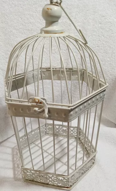 Metal bird cage white 17" tall, 7.25" across with latch and hanging metal hook