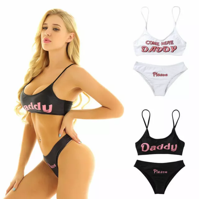 WOMEN CROP SEXY Top G-string Set Yes Daddy Letter Swimsuit
