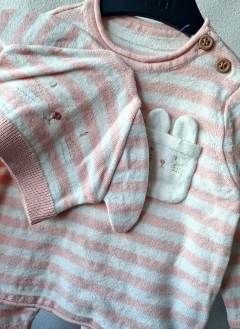 Baby weich gestrickt rosa Hase gestreift spanischer Stil 3er-Set Outfit Bio Baumwolle 3-6 m 2