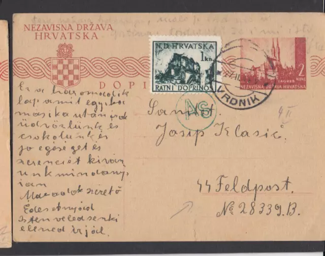 YE072/ Kroatien Ganzsache 4 I I aptierter Stempel Vronik Zensur --  S FELDPOST