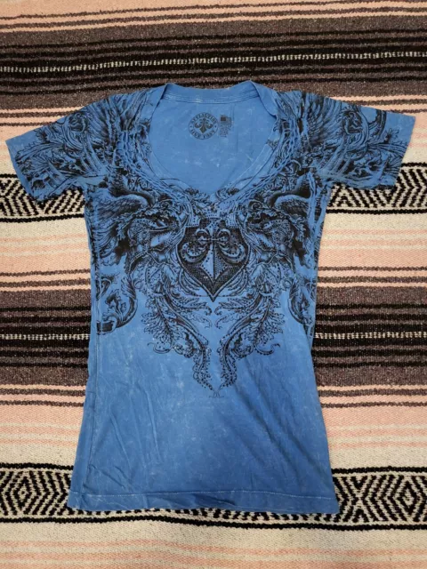 Grunge Women's Affliction  V-Neck Blue Rhinestones T-Shirt Top Small