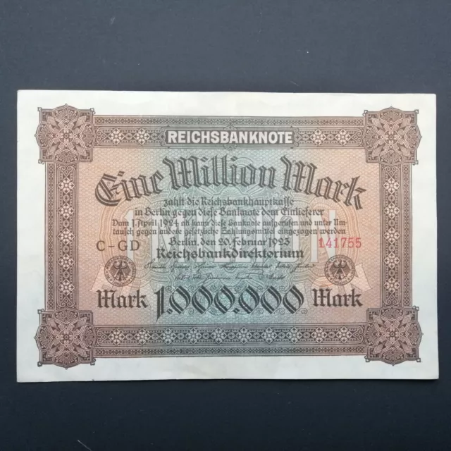 1 MILLIONEN MARK REICHSBANKNOTE 1923 Ro-85a  aUNC