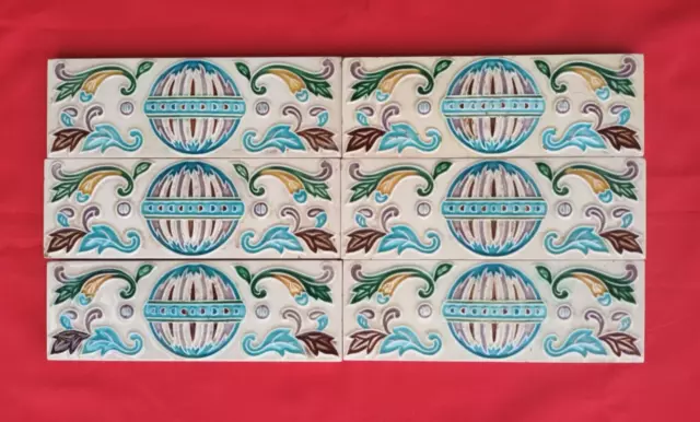 6 Pieces Lot Art Deco Floral Design Embossed Majolica Ceramic Tiles Japan 0302
