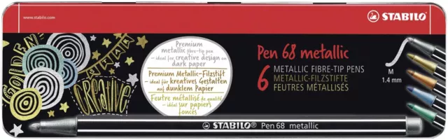 Metallic Premium Felt Tip Pen - STABILO Pen 68 Metallic - Tin of 6 - Assorted Co