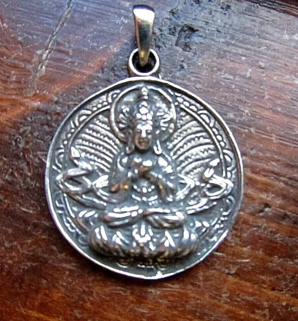 Quan Yin w/ I-Ching Pewter Ancient Buddhist Goddess Deity Silver Pendant Jewelry