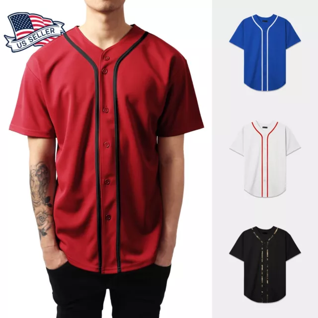 Mens Baseball Jersey Raglan Plain T Shirt Team Uniform Solid Hipster Button Tee