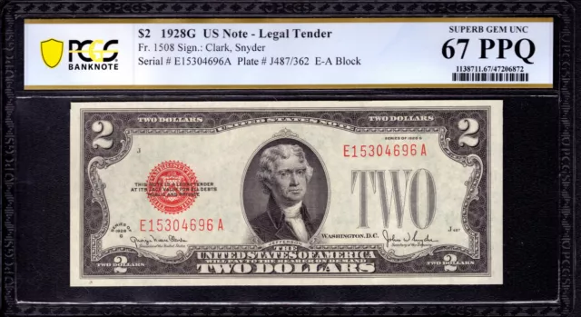 1928 G $2 Legal Tender Red Seal Note Ea Block Fr.1508 Pcgs B Superb Gem 67 Ppq