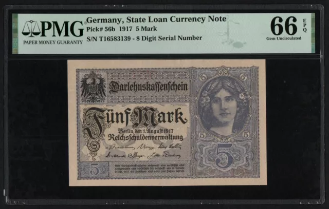 GERMANY 5 MARK 1917 PICK: 56b, PMG - 66, UNC