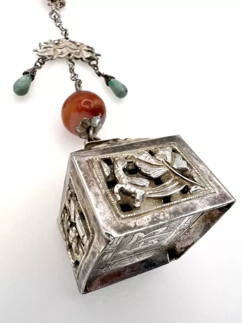 Qing Dynasty Chinese Silver Chatelaine Pendant Bell Carnelian & Turquoise 2