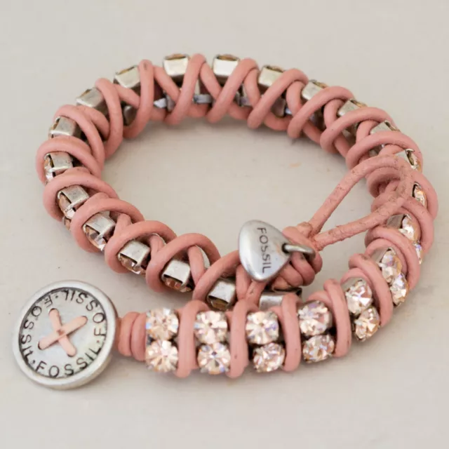 Fossil Pink Faux Leather Wrap Rhinestone Bracelet Boho Chic Festival Trend Hippi