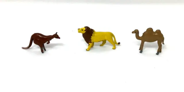 Mini Cast Metal Lion Camel & Kangaroo Figurine Painted Vintage Japan