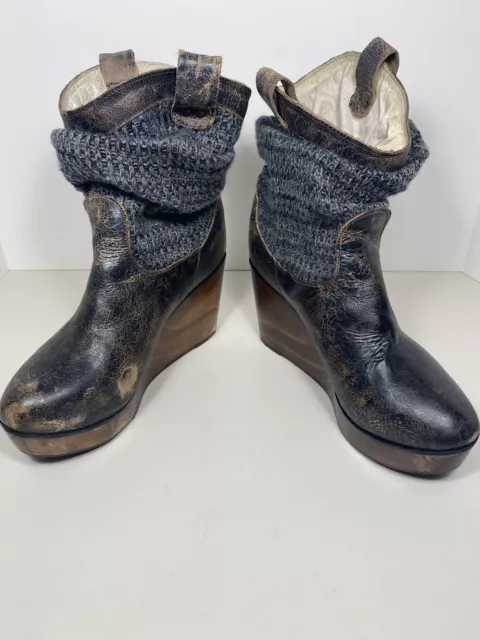 BED STU COBBLER SERIES SWEATER KNIT WOOD WEDGE HEEL BOOTS DIstressed 10B