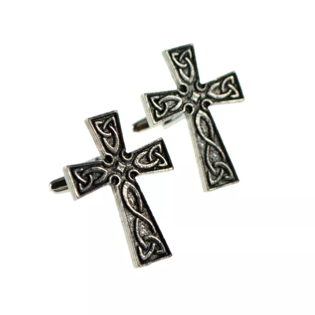 English Made Interlaced Celtic Cross Pewter Cufflinks in a Box XWCL026