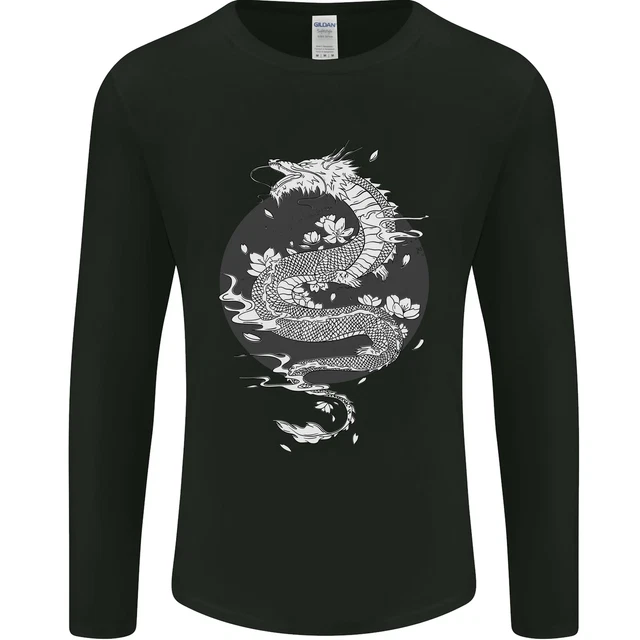 Japanese Fantasy Dragon Sun Background Mens Long Sleeve T-Shirt