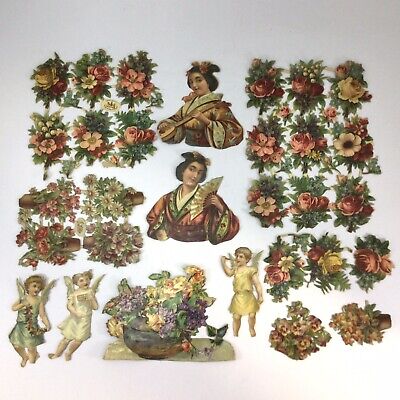 Antique Victorian Die Cuts Lot Florals Flowers Angels Asian