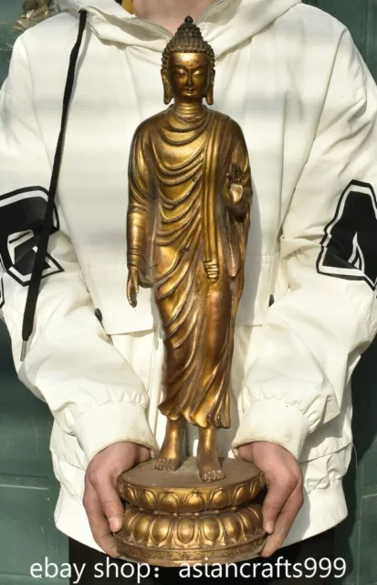 22" Alte chinesische Buddhismus Kupfer Stand Shakyamuni Amitabha Buddha Skulptur