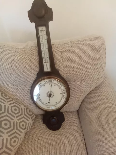 Antique Wall Hanging Oak Art Deco Banjo Barometer & Thermometer Vgc Please Read